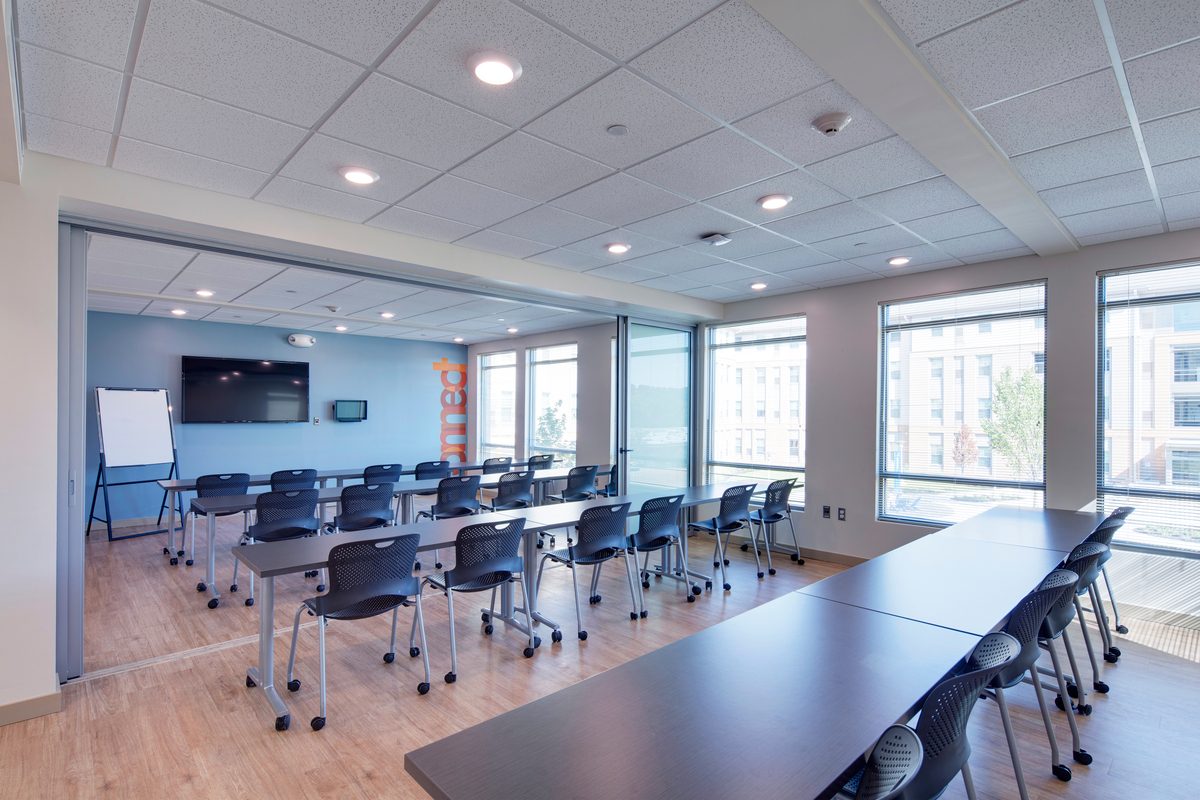 Inside of a room with desks and chairs