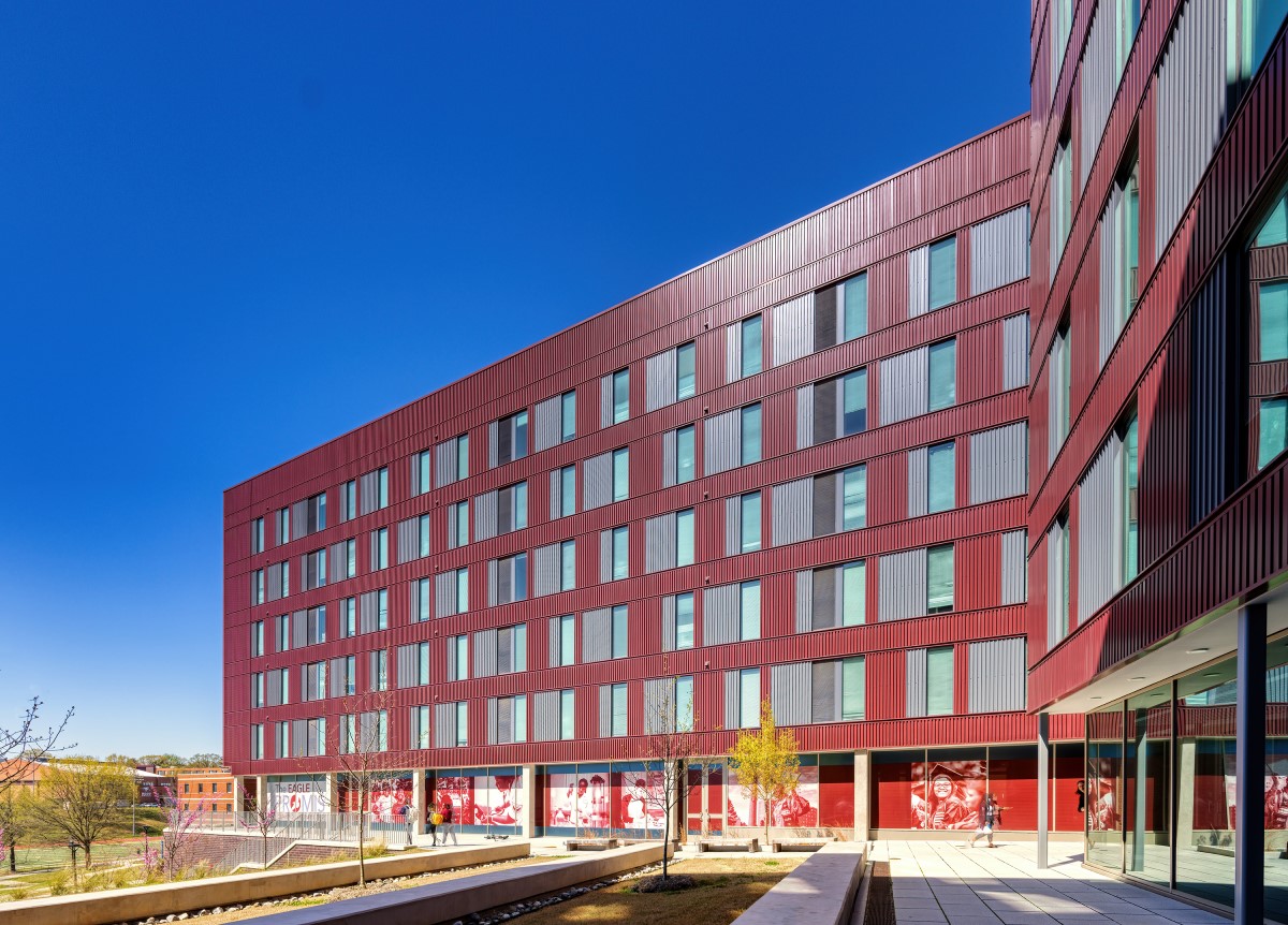 "The large open courtyard at the Alston Avenue Apartments provides a communal space for students to meet and gather."