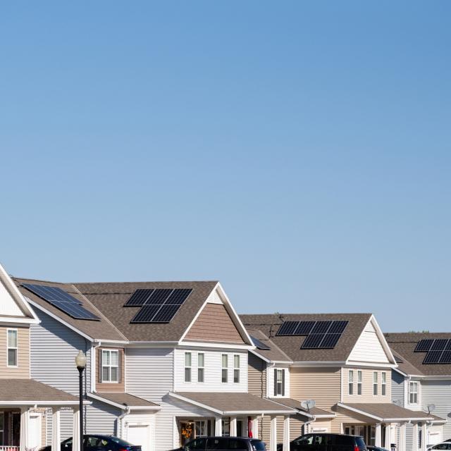 Row of homes at Fort Riley with roof solar panels