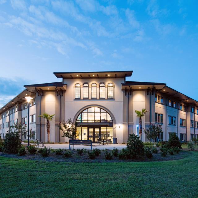 Exterior of a building at dusk