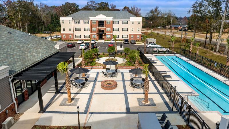 Aerial view of an apartment clubhouse patio