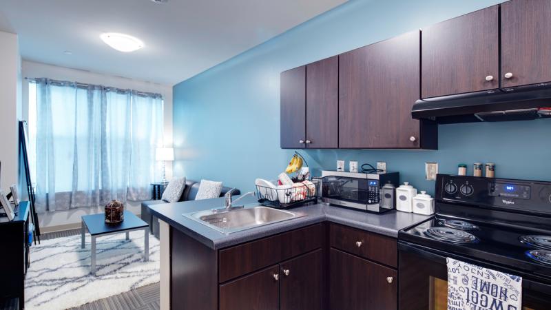 Side view of an apartment kitchen