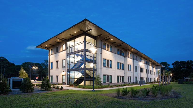 Exterior of a building at night