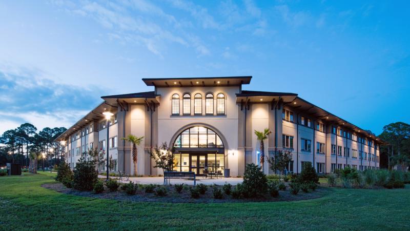 Exterior of a brick apartment building at CCGA