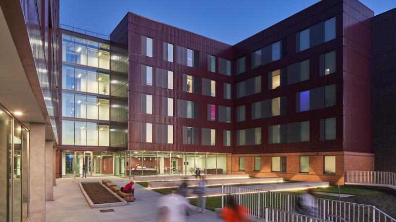 Outside of a building at dusk