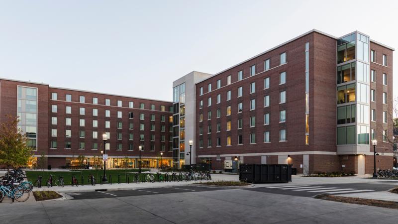 Exterior of a brick apartment building