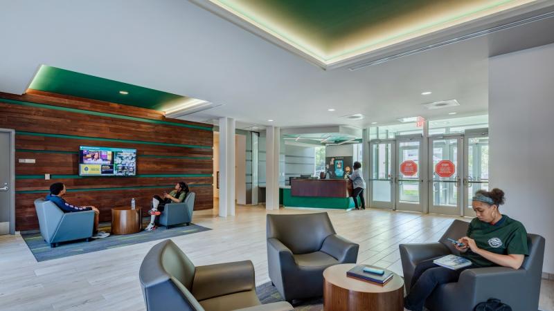 Apartment building lobby with seating