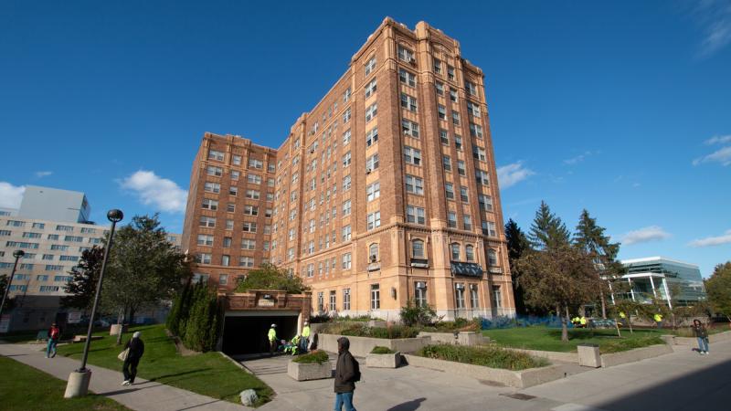 Exterior of a brick apartment building