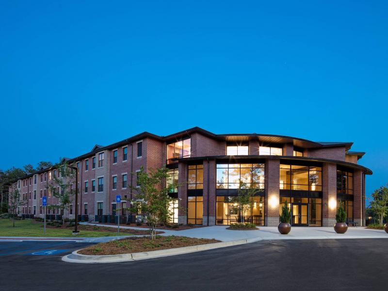 Outside of a residence hall at night