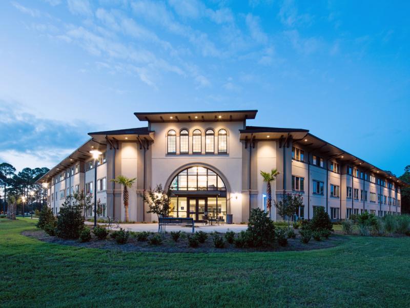 Exterior of a building at dusk