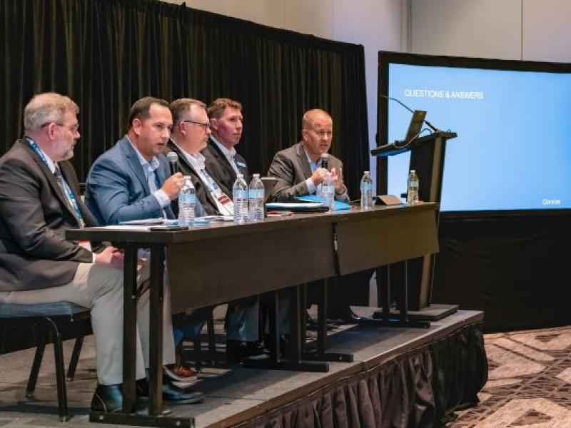 ADC’s Corvias-led energy session panel included (left to right): Jeffrey W. Rodgers, installation energy manager, US Army Directorate of Public Works, Fort Johnson, LA; Pablo Varela, SVP of CRC Innovations; John Plack, VP of engineering at Ameresco; Justin Witty, director of energy management at Corvias; and Pete Sims, DOD managing director. 
