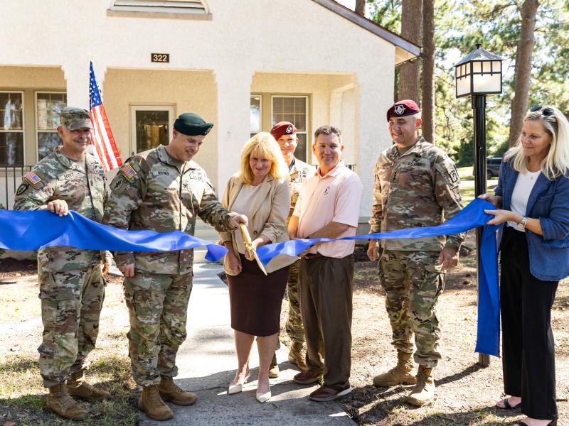 Pictured left to right: Command Sgt. Maj. Daniel Scott, Fort Bragg Garrison; Col. Luke A. Wittmer, Fort Bragg Garrison Commander; Denise Hauck, President, Military, Corvias; Command Sgt. Maj. Brett W. Johnson, XVIII Airborne Corps Command Sergeant Major; Jeff Williams, Senior Vice President, Asset Management, Corvias; Lt. Gen. Gregory K. Anderson, Commanding General, XVIII Airborne Corps and Fort Bragg; and Heather Fuller, Regional Vice President, Corvias Property Management. 