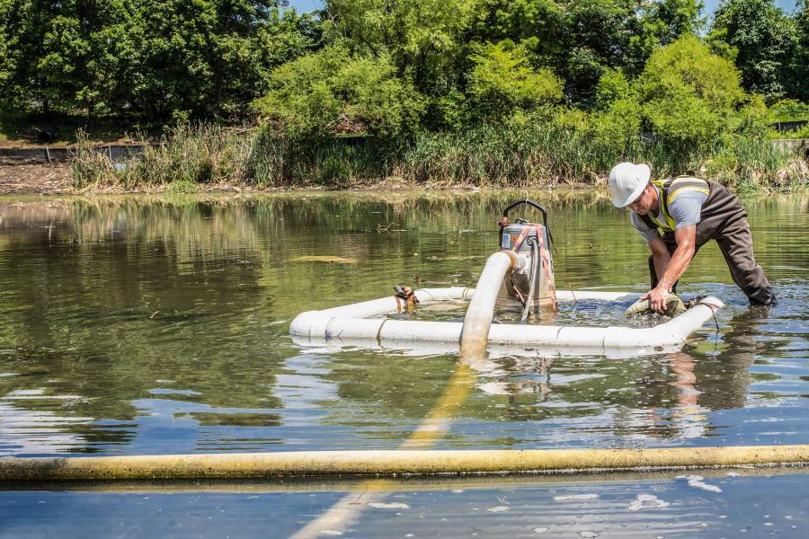 Worker assisting with stormwater cleanup