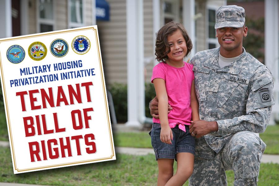 Soldier with daughter in from of a home. Tenant Bill of Rights Graphic.