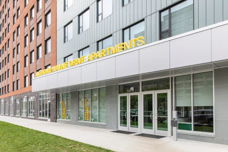 Outside entrance to an apartment building