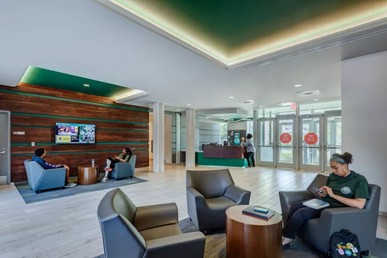 Apartment building lobby with seating